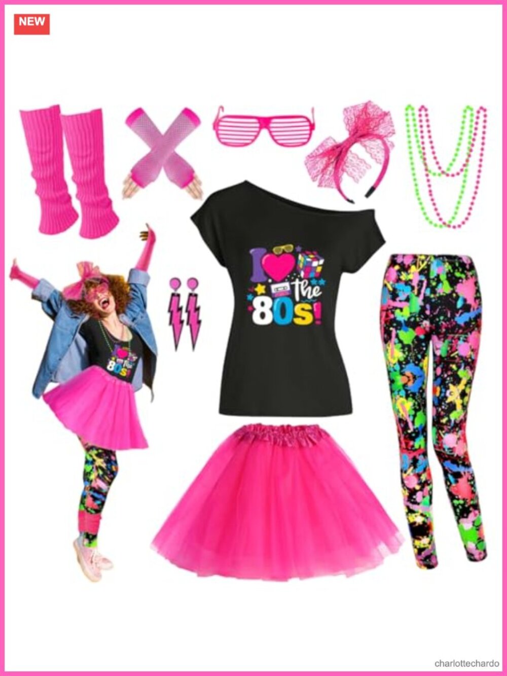 80s Outfit Set T-Shirt Leggings Tutu Sunglasses Fishnet Gloves Women Costume